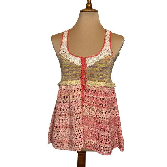 Free People Crochet Knit Tank Top Multicolor Racerback Button Front Stretchy Lig - Picture 1 of 6